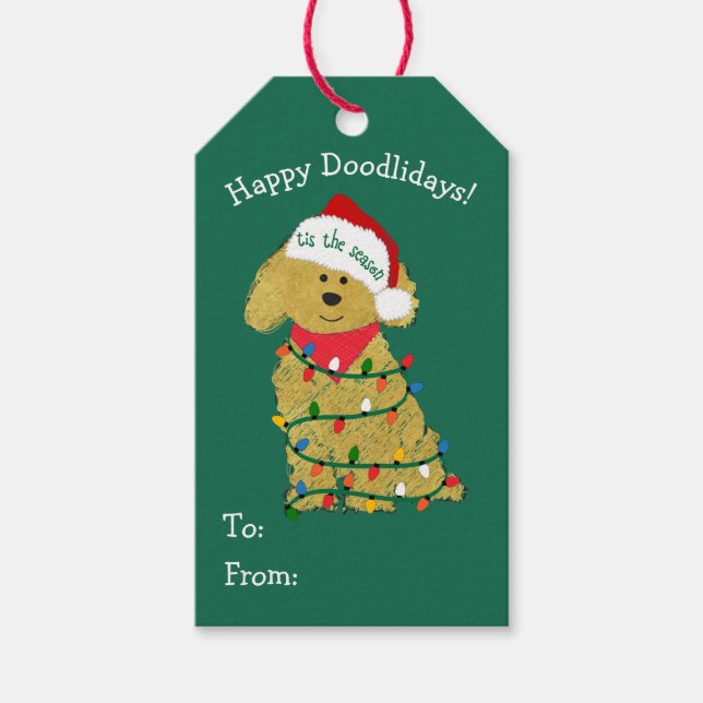Étiquettes-cadeau Lumières de Noël personnalisées Goldendoodle (Devant)