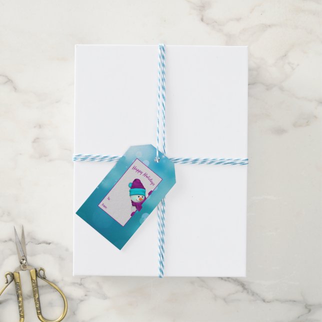 Étiquettes-cadeau lumières turquoise avec bonhomme de neige (Avec de laficelle)