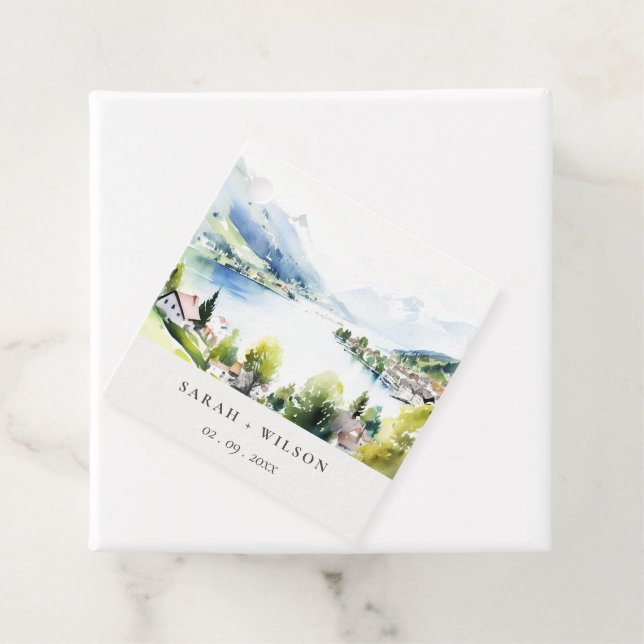 Étiquettes Cadeau Lungern Switzerland Watercolor Landscape Wedding (En situation)