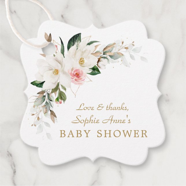 Étiquettes Cadeau Luxe blanc Magnolia rose Baby shower floral (Devant)