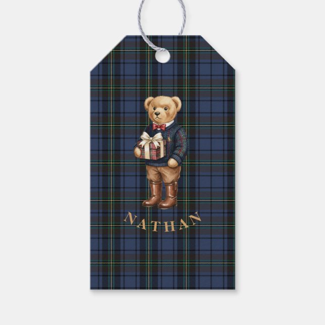 Étiquettes-cadeau Luxe Preppy Plaid Christmas Teddy Bear (Devant)