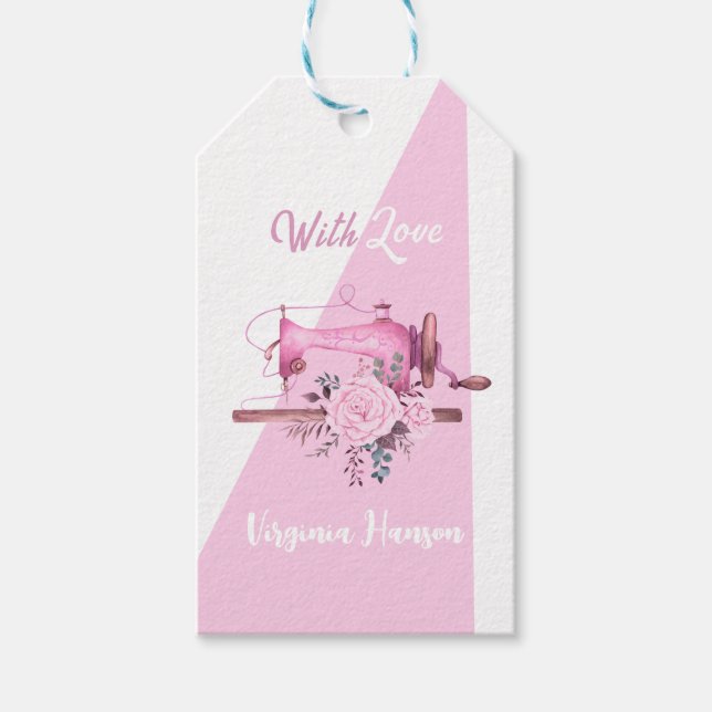 Étiquettes-cadeau Machine à coudre Rose Floral Seamstress avec amour (Devant)