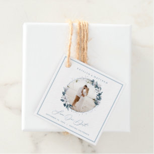 Étiquettes Cadeau Magnolia & Dusty Blue Cercle Photo Save The Date