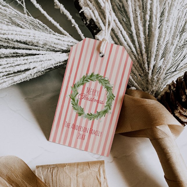 Étiquettes-cadeau Main rétro Tirée Rouge Vert Joyeux Noël Wreath (Créateur téléchargé)