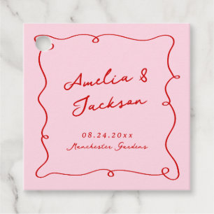 Étiquettes Cadeau Main Whimsical tirée rose et Mariage rouge