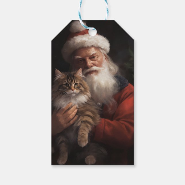 Étiquettes-cadeau Maine Coon avec Noël Festif du Père Noël (Devant)