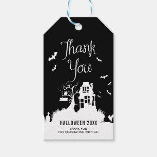 Étiquettes-cadeau Maison blanche et noire Haunted Halloween Merci