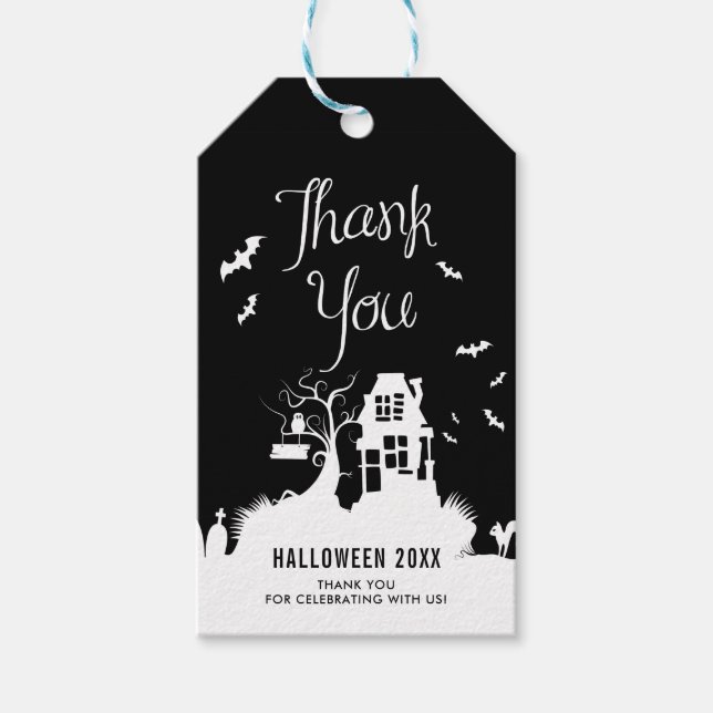 Étiquettes-cadeau Maison blanche et noire Haunted Halloween Merci (Devant)