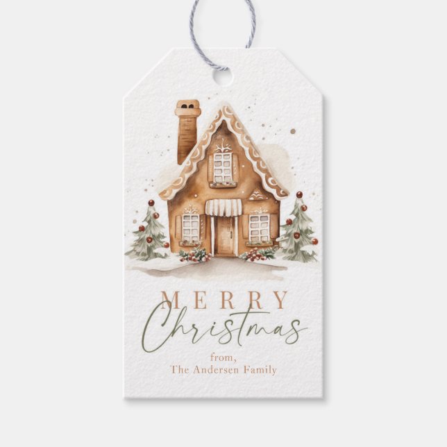 Étiquettes-cadeau Maison en pain d'épice à l'aquarelle Joyeux Noël C (Devant)