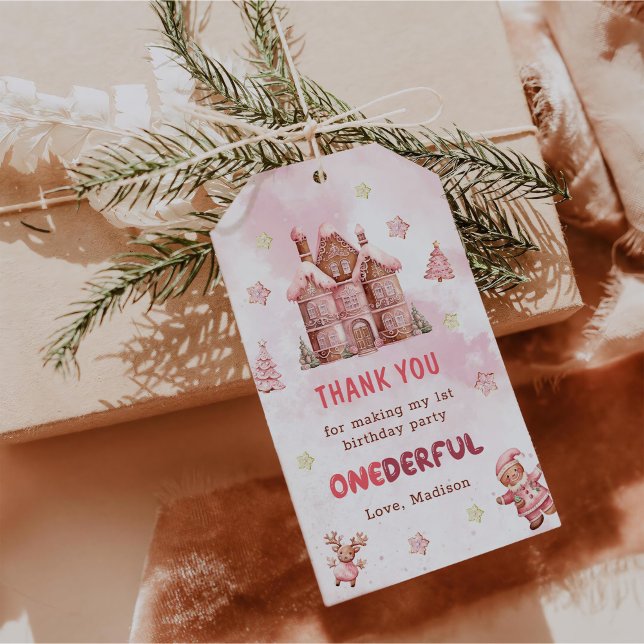 Étiquettes-cadeau Maison en pain d'épice rose Noël Premier Anniversa (Créateur téléchargé)