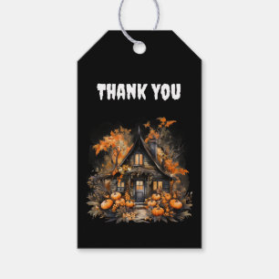 Étiquettes-cadeau Maison hantée avec Merci d'Halloween Citrouille