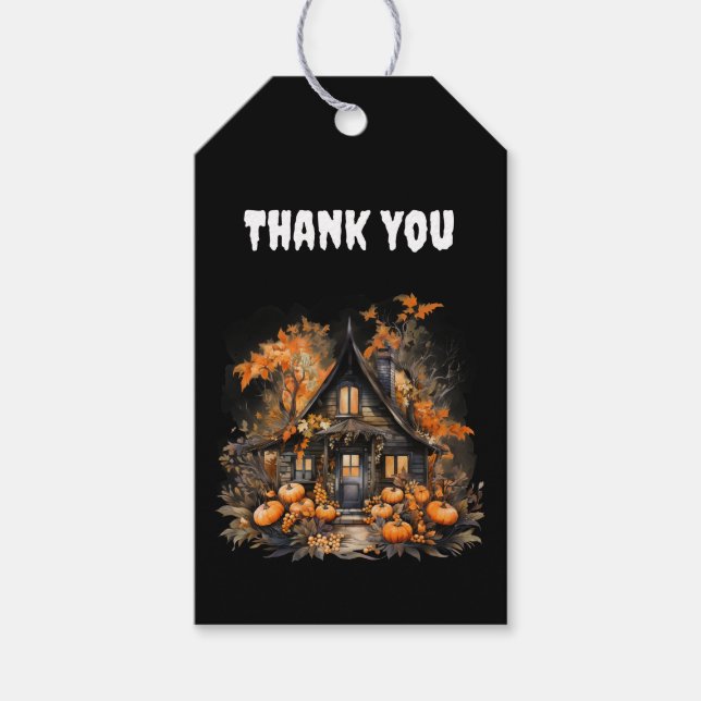 Étiquettes-cadeau Maison hantée avec Merci d'Halloween Citrouille (Devant)