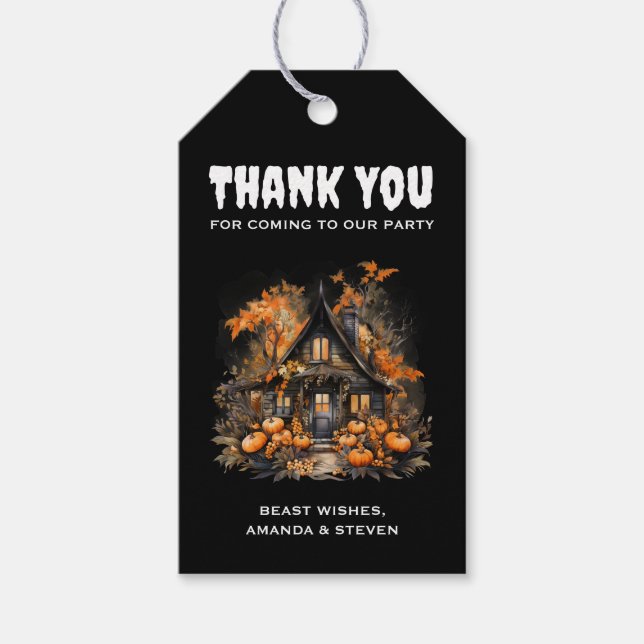 Étiquettes-cadeau Maison hantée d'Halloween avec Merci Citrouille (Devant)