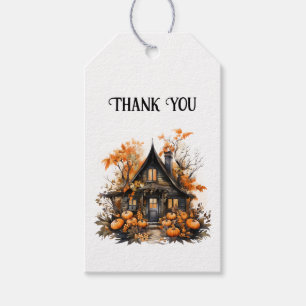 Étiquettes-cadeau Maison hantée d'Halloween avec Merci Citrouille