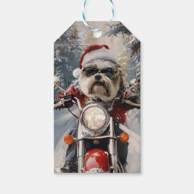 Étiquettes-cadeau Malti Tzu Chien équitation Moto Noël (Devant)