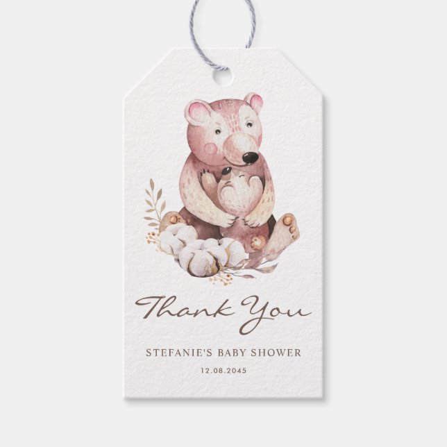 Étiquettes-cadeau Maman et bébé Ours Bois Merci Baby shower (Devant)