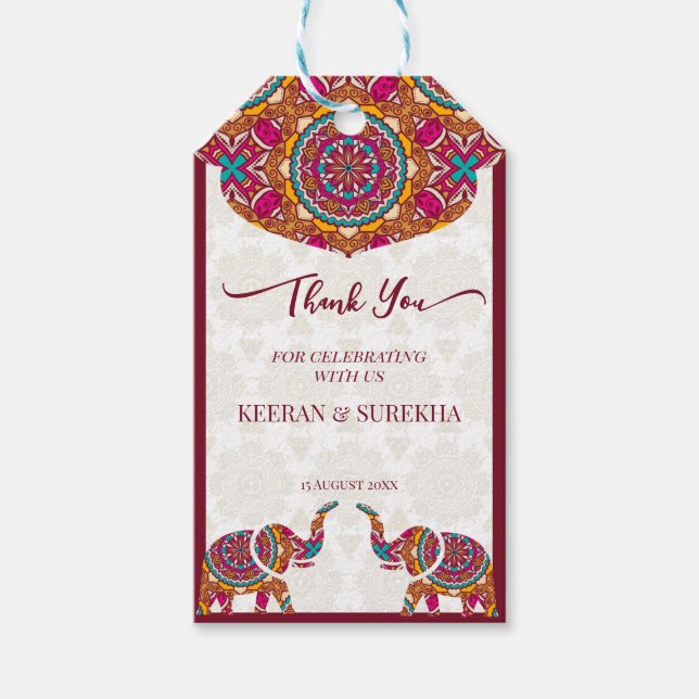 Étiquettes-cadeau Mandala rangoli faveur de mariage d'éléphants (Devant)