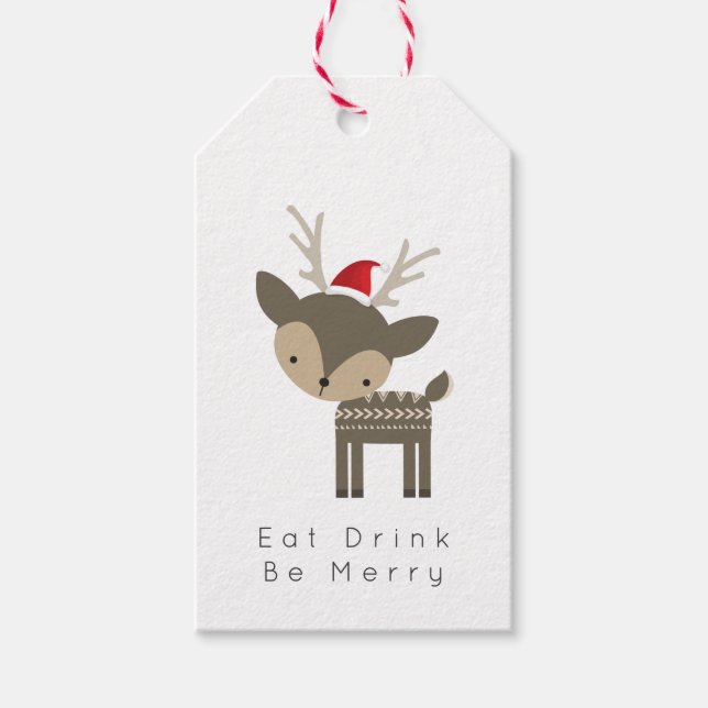 Étiquettes-cadeau Mangez Boire Soyez Joyeux Cerf De Noël En Chapeau  (Devant)