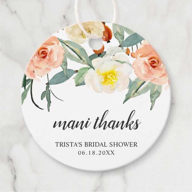 Étiquettes Cadeau Mani Merci Peach Aquarelle Fête des mariées Floral (Devant)