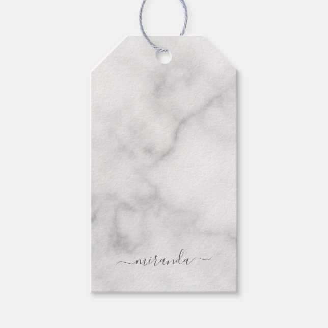 Étiquettes-cadeau Marbre blanc de nom personnalisé de script moderne (Devant)