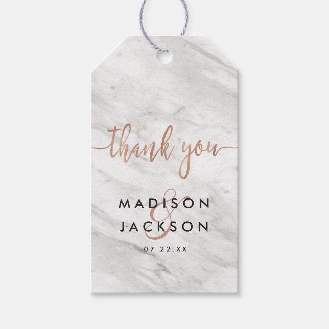 Étiquettes-cadeau Marbre blanc et Rose Mariage or Merci (Devant)