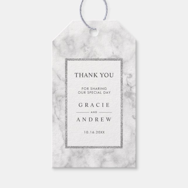 Étiquettes-cadeau Marbre blanc moderne Merci Parties scintillant arg (Devant)