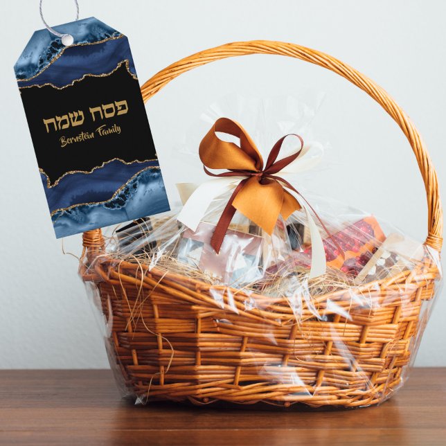 Étiquettes-cadeau Marbre de la Pâque juive Marine Bleu et or (Créateur téléchargé)