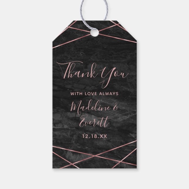 Étiquettes-cadeau Marbre noir Rose Gold Lines Geo Mariage Merci (Devant)