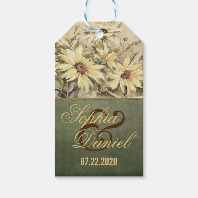 Étiquettes-cadeau Marguerites D'Or Avec Balises Cadeaux Sage Mariage (Devant)
