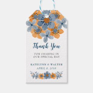 Étiquettes-cadeau Mariage à fleurs bleues et orange Favoriser le Mer