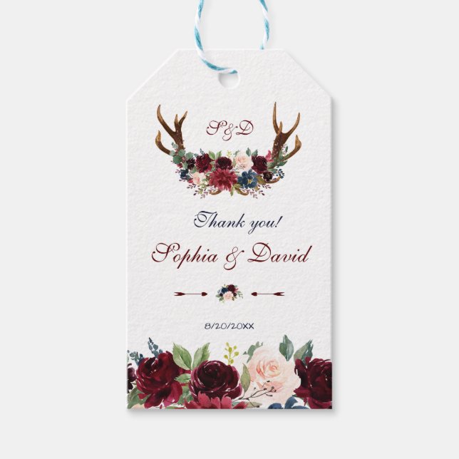 Étiquettes-cadeau Mariage à fleurs florales bleu de la marine Merlot (Devant)