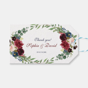 Étiquettes-cadeau Mariage à fleurs florales bleu de la marine Merlot