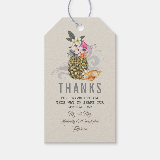 Étiquettes-cadeau Mariage à la plage d'ananas tropical (Devant)