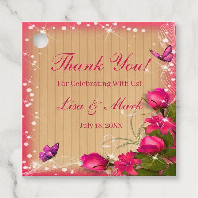 Étiquettes Cadeau Mariage à papillon rose bois rustique (Devant)
