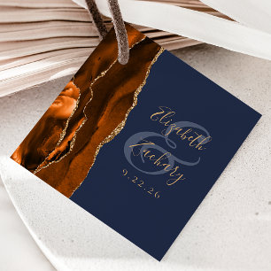 Étiquettes Cadeau Mariage Agate Géode Orange Brûlé Or Bleu Marine