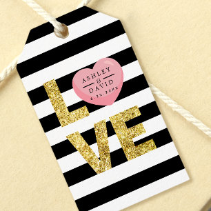 Étiquettes-cadeau Mariage Amour Or Cœur Rose Rayures Noir & Blanc