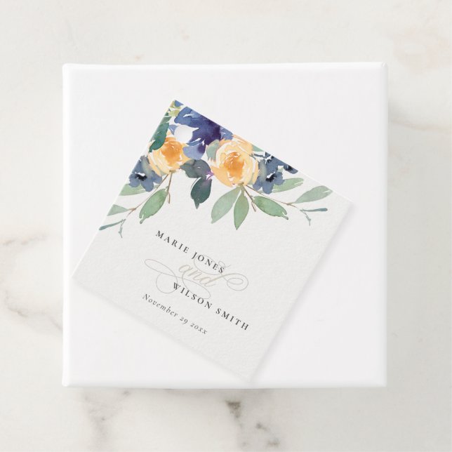 Étiquettes Cadeau Mariage aquarelle florale jaune bleu enjoué (En situation)