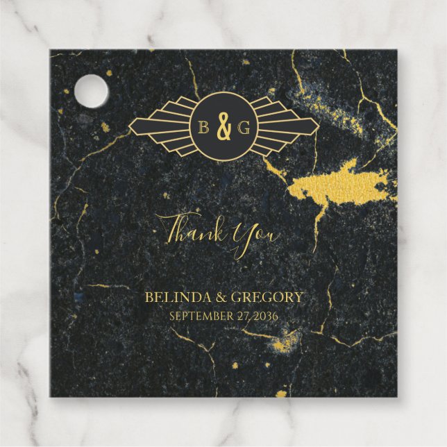 Étiquettes Cadeau Mariage Art déco en marbre d'or noir (Devant)