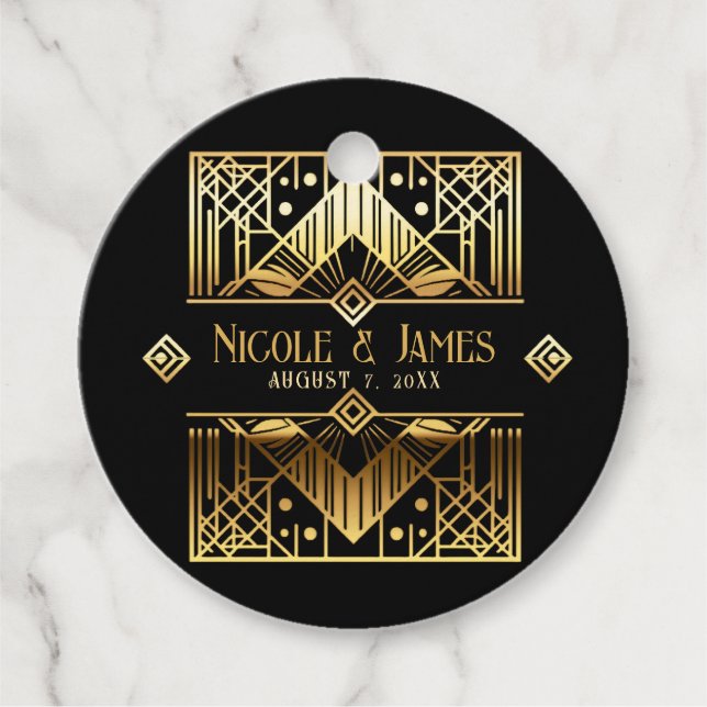 Étiquettes Cadeau Mariage Art déco noir & or (Devant)