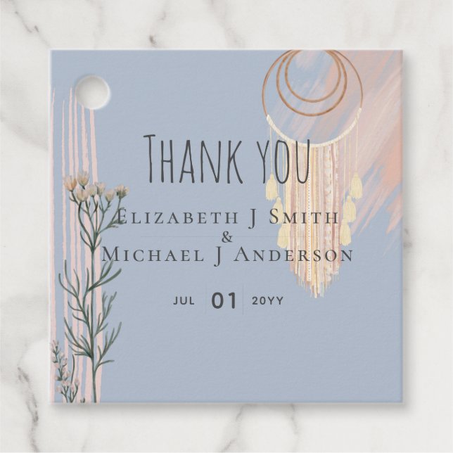 Étiquettes Cadeau MARIAGE BOHO Dusty Blue Peach Drecher Catcher (Devant)
