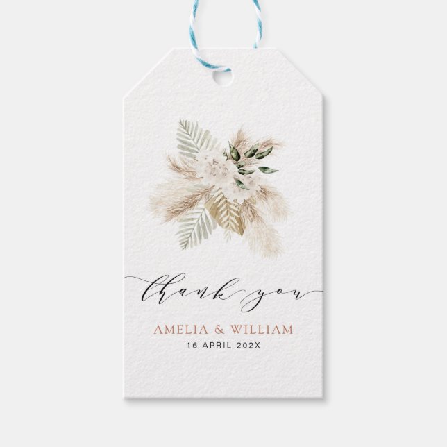 Étiquettes-cadeau mariage bohomian pampas herbe et verdure (Devant)
