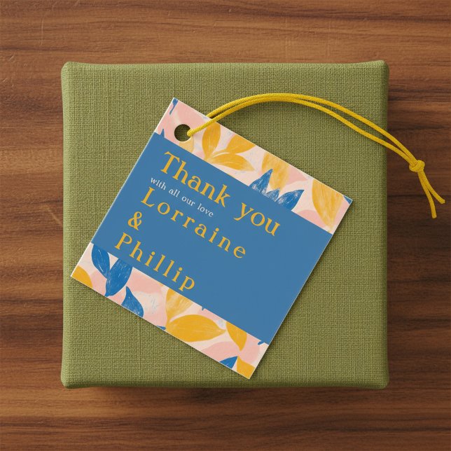 Étiquettes Cadeau Mariage botanique bleu et jaune Merci (Blue and Yellow Leafy Botanical Wedding thank you Favor Tags.)