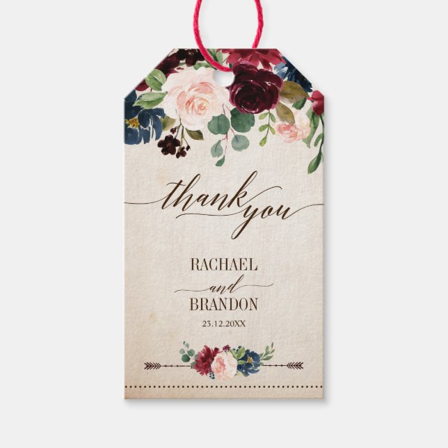 Étiquettes-cadeau Mariage campagnard de Boho Rustique Floral de la m (Devant)