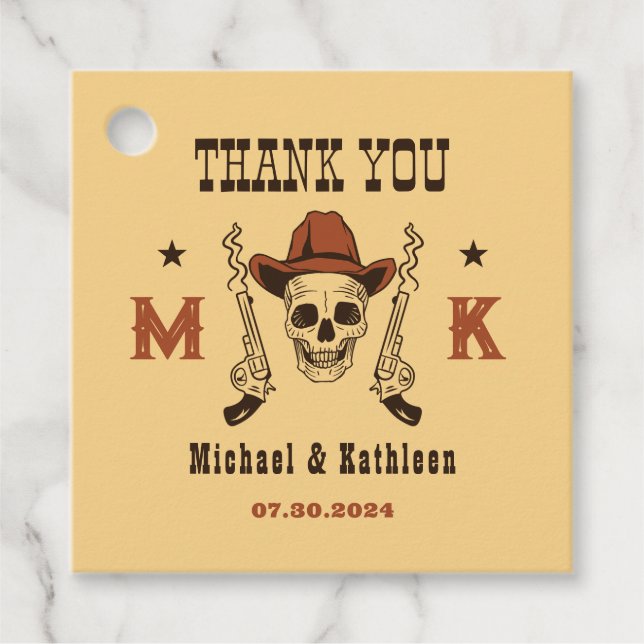 Étiquettes Cadeau Mariage campagnard de monogramme du crâne cowboy o (Devant)