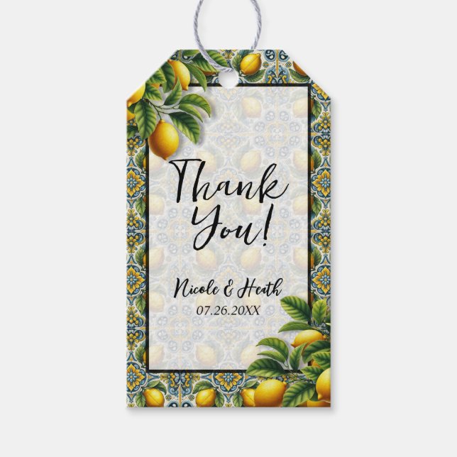 Étiquettes-cadeau Mariage carrelage méditerranéen Capri jaune bleu c (Devant)
