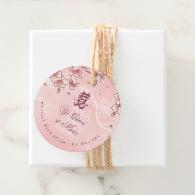 Étiquettes Cadeau Mariage chinois à deux fleurs de pêche (En situation)