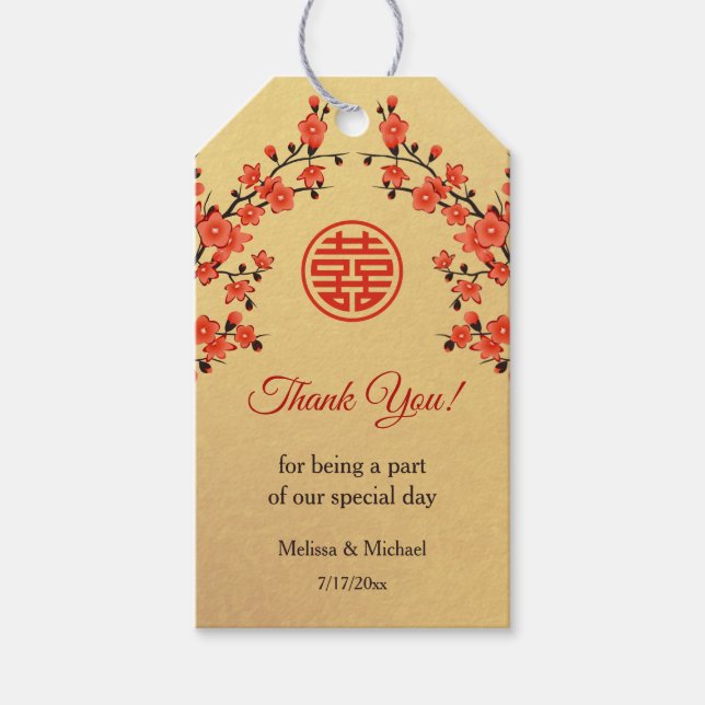 Étiquettes-cadeau Mariage chinois Cerisier Blossom Rouge or (Devant)