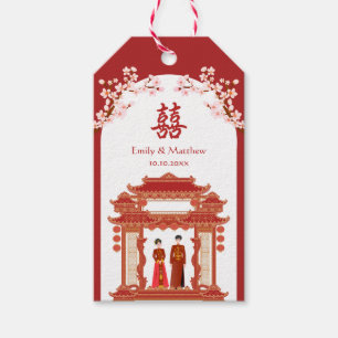 Étiquettes-cadeau Mariage chinois du temple de couple rouge cerisier