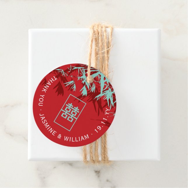 Étiquettes Cadeau Mariage chinois Turquoise Bambou Feuille Double Xi (En situation)