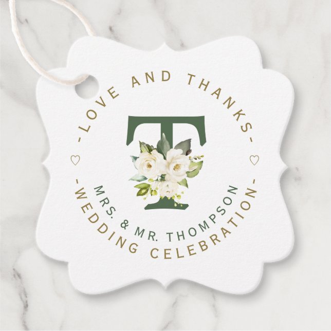 Étiquettes Cadeau Mariage circulaire de monogramme floral blanc (Devant)
